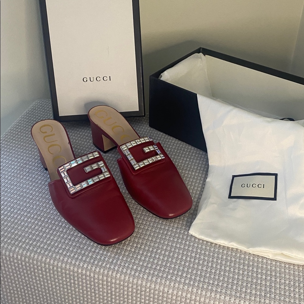 Gucci Women's Red  Leather Mules with Embellished Buckle